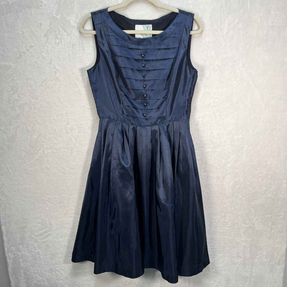 Geode Sleeveless Dress Womens Medium Iridescent Blue Pleated Button Fit & Flare